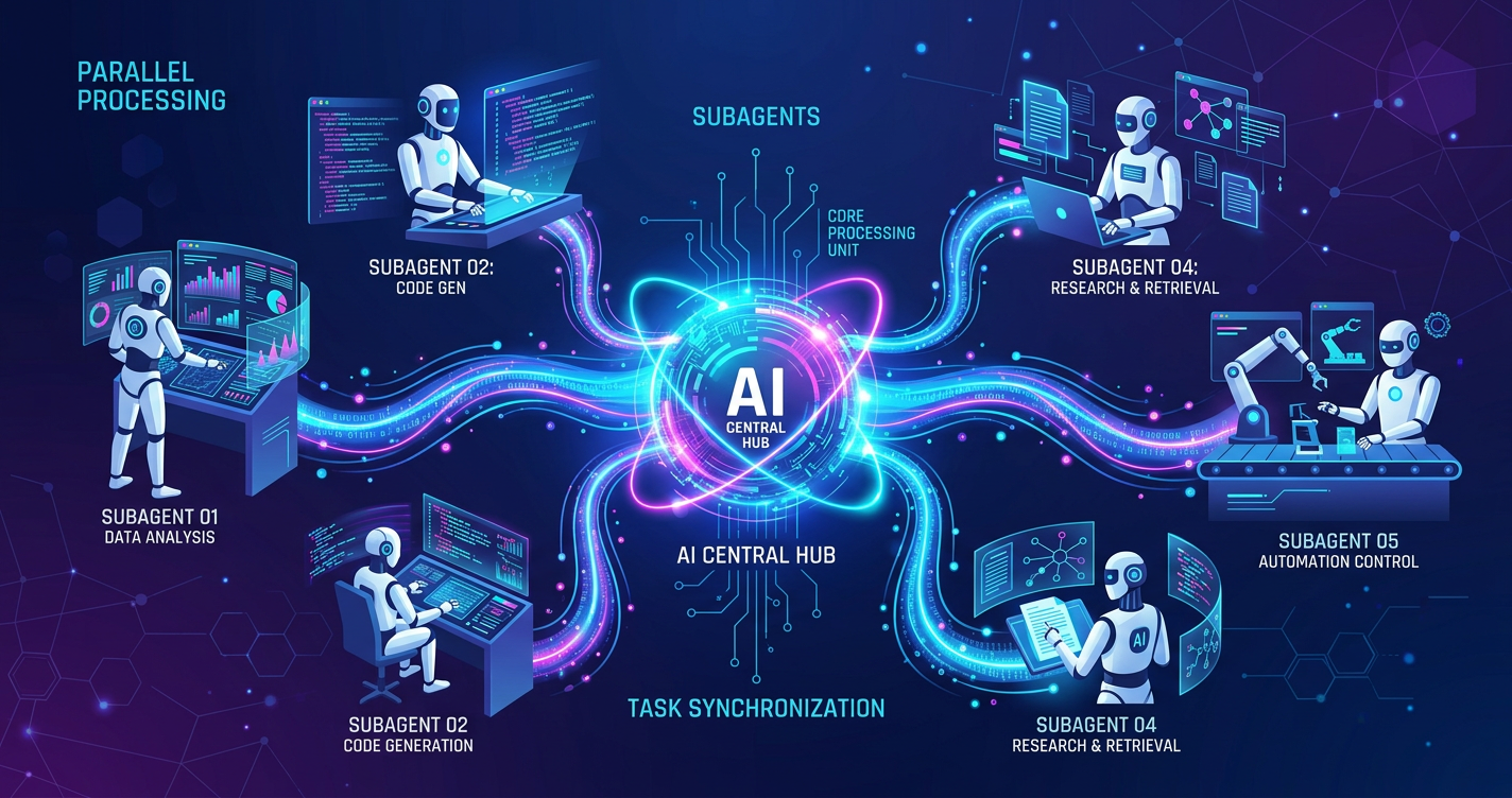 AI agent robots working in parallel on different tasks around a central hub