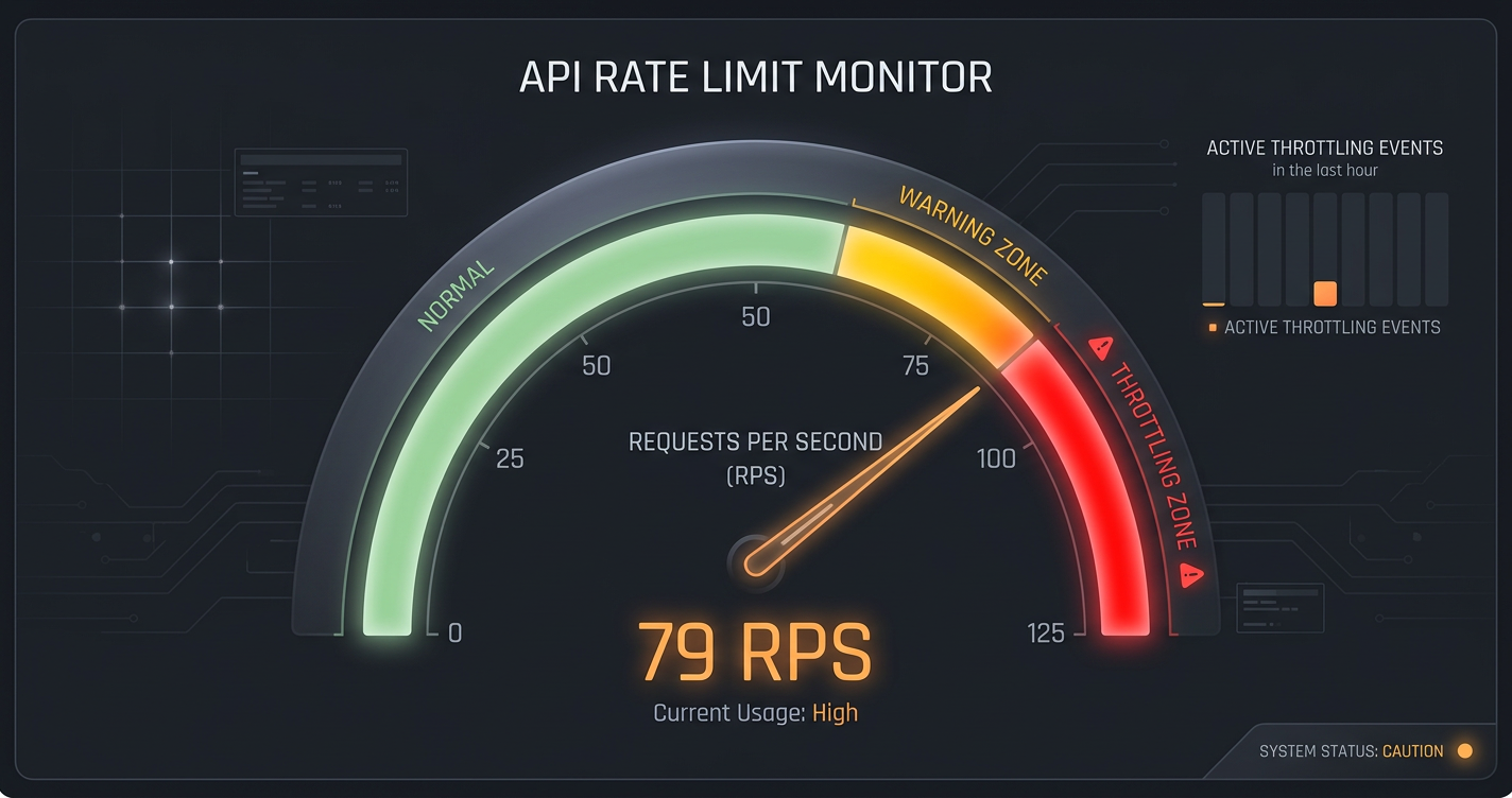 Speedometer gauge showing usage limits with warning indicators for rate limiting concepts