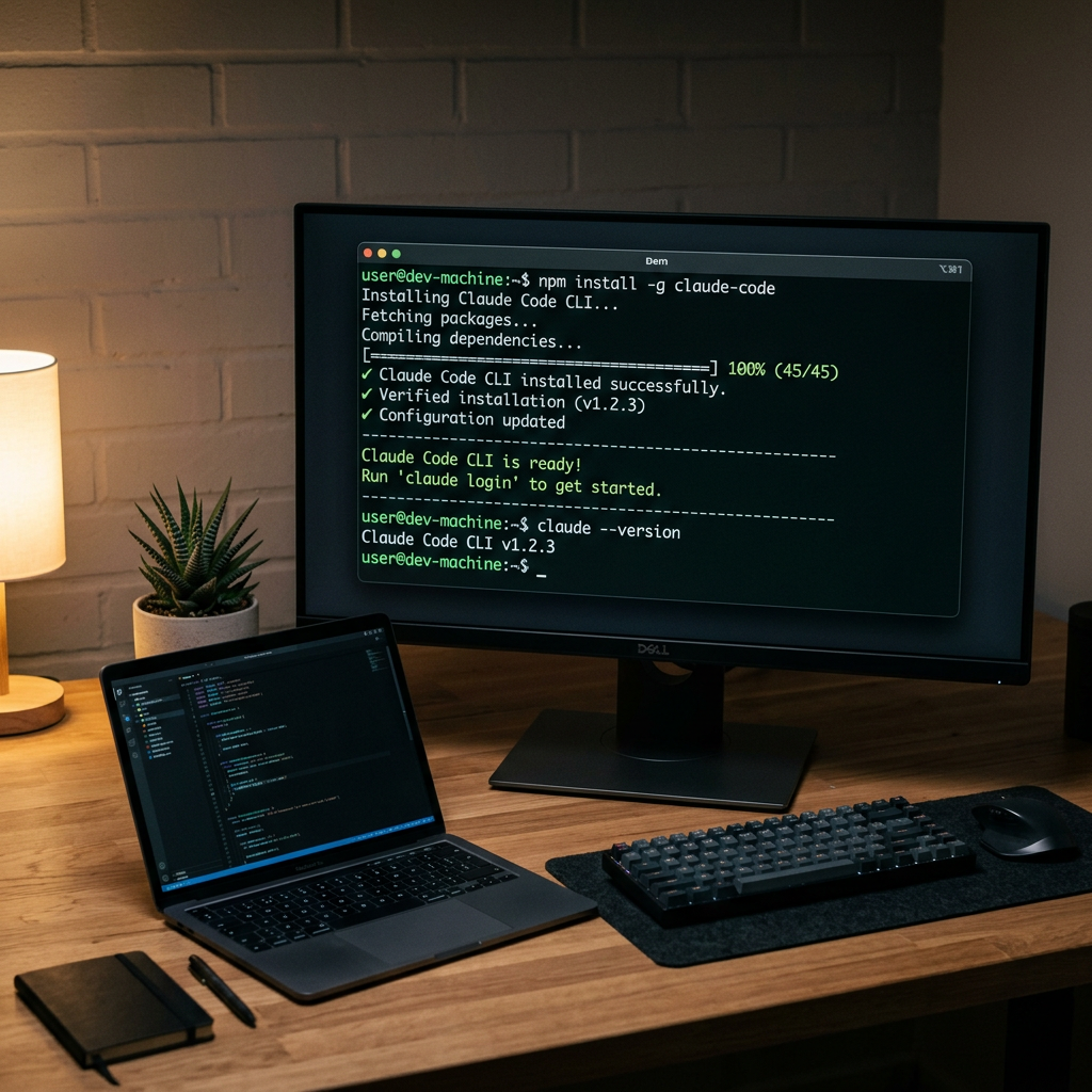 Developer terminal showing Claude Code CLI installation on a dark monitor with green success messages
