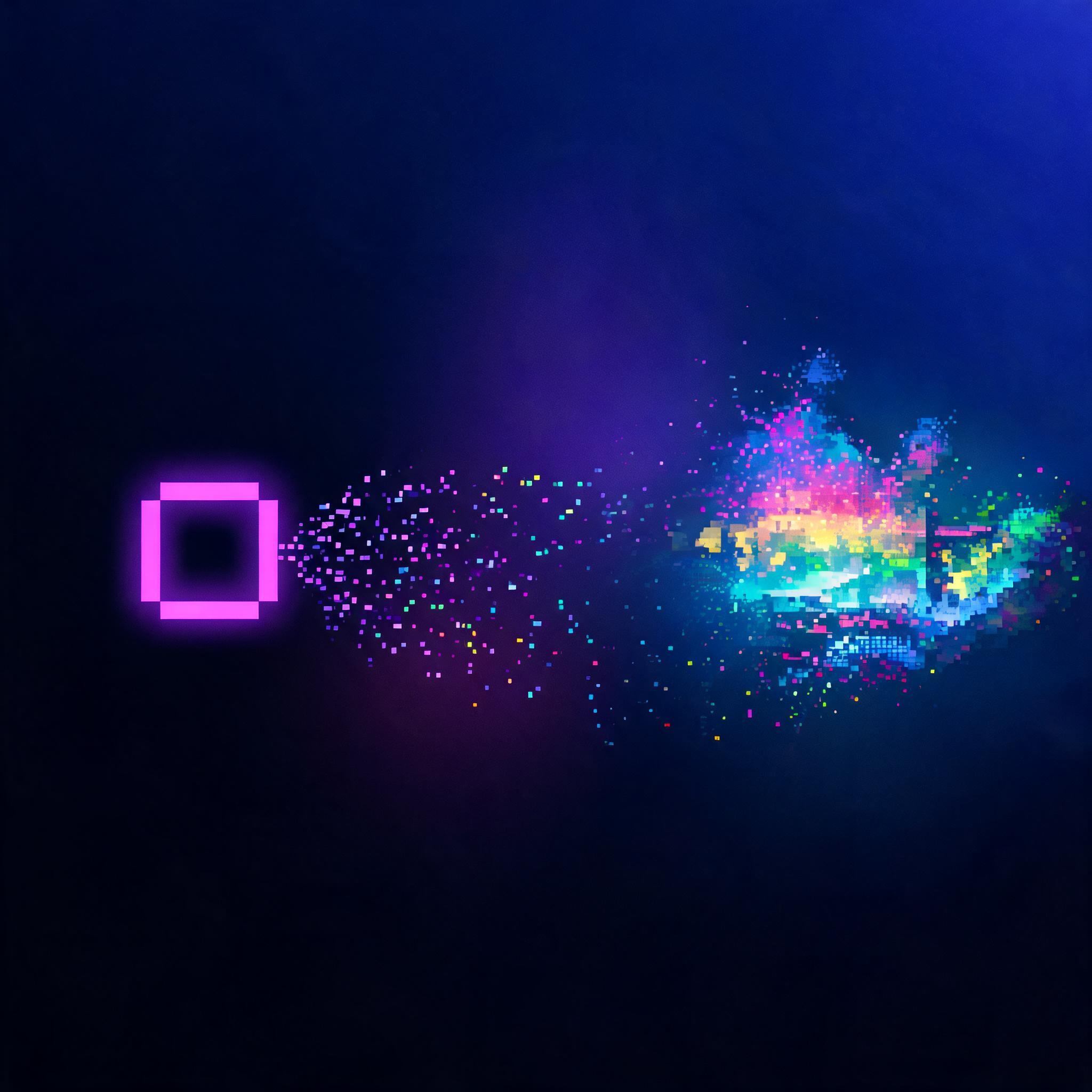 Abstract digital art showing a glowing pixel cursor transforming into colorful neon fragments — dark purple and blue developer aesthetic