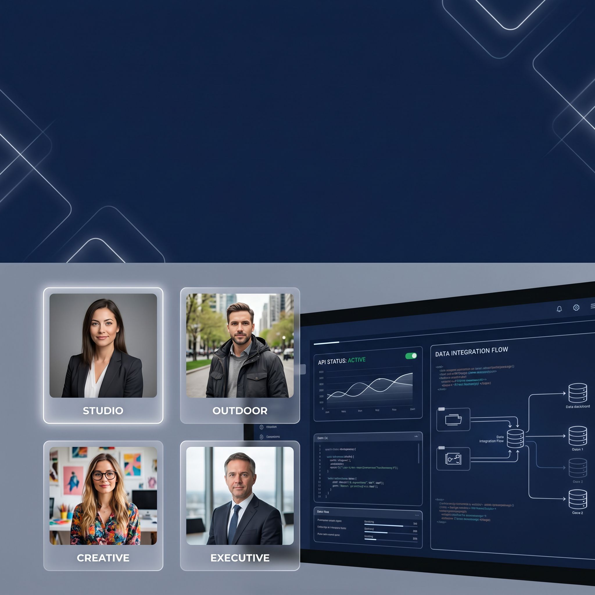 Professional AI headshots compared across studio, outdoor, creative, and executive styles with API dashboard