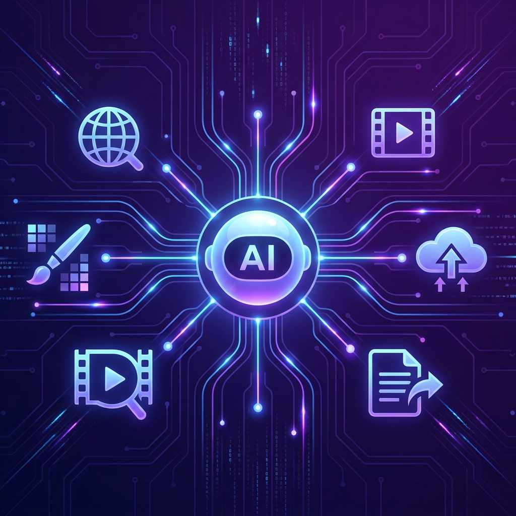 AI agent at the center of a workflow automation hub, connected to web search, image generation, video, cloud storage, and publishing capabilities — dark purple and blue developer aesthetic