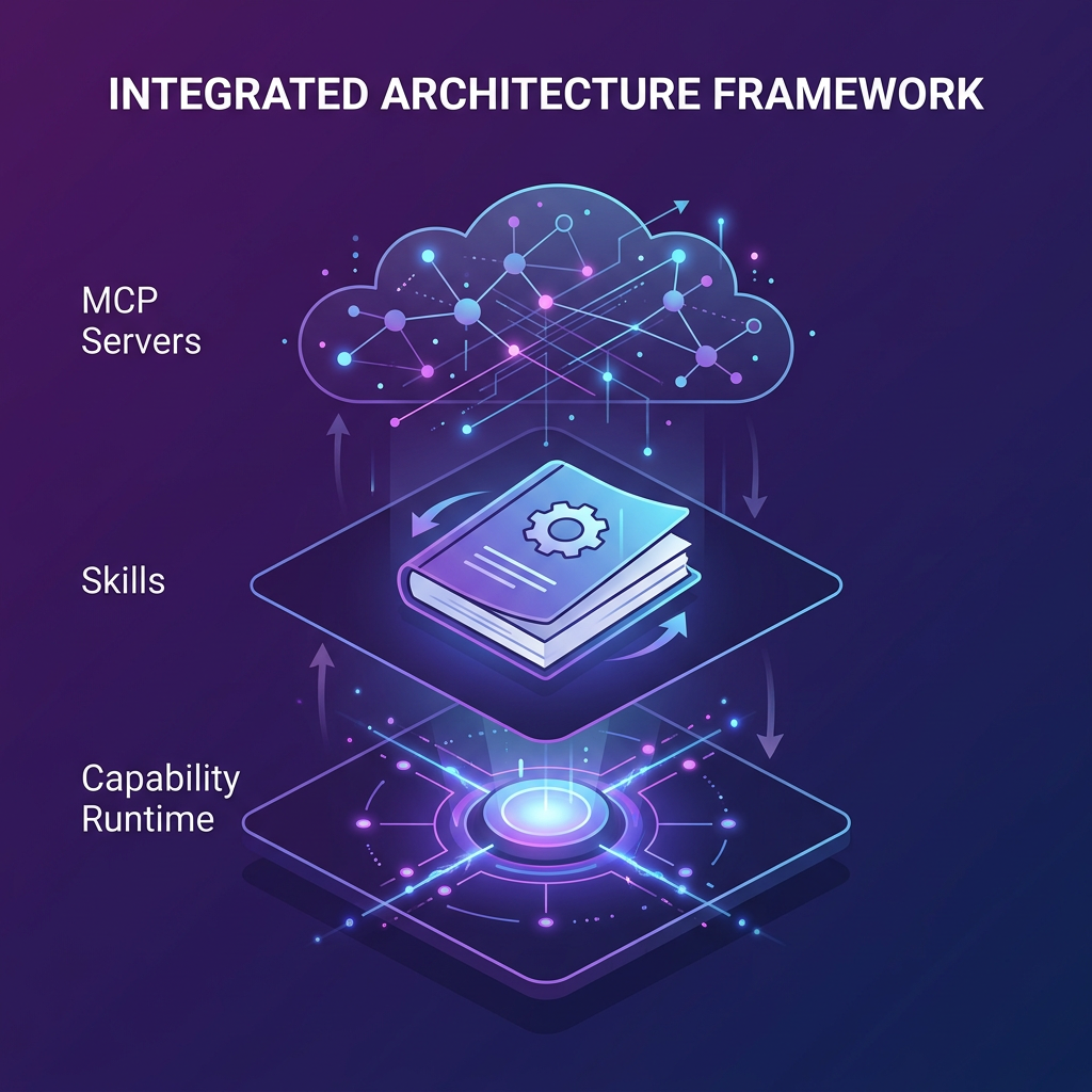 Three-layered architectural diagram showing MCP Servers (transport), Skills (instruction), and Capability Runtime (bundling) as complementary layers — dark purple and blue gradient