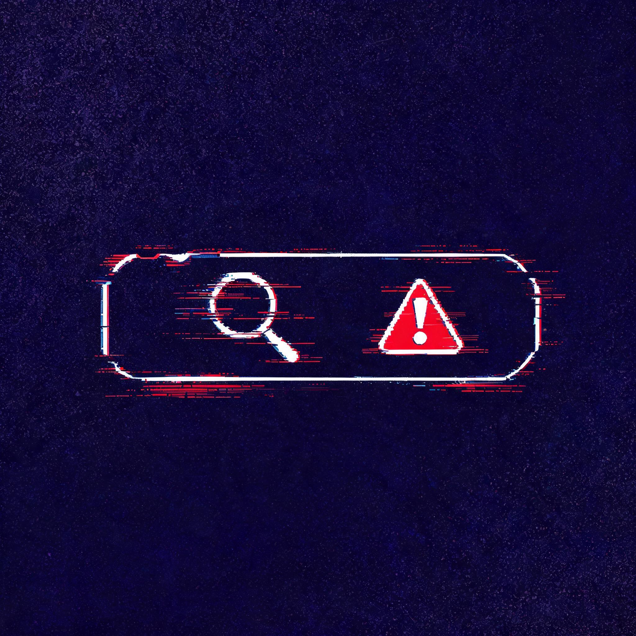 Broken search icon with glitch effects and red error indicators — dark cyberpunk terminal aesthetic