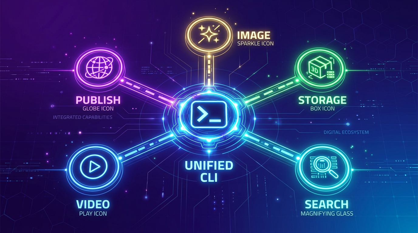 A single glowing central hub connected to five radiating capability icons — image, video, search, storage, and publishing — all linked through one unified CLI node. Dark purple and blue gradient