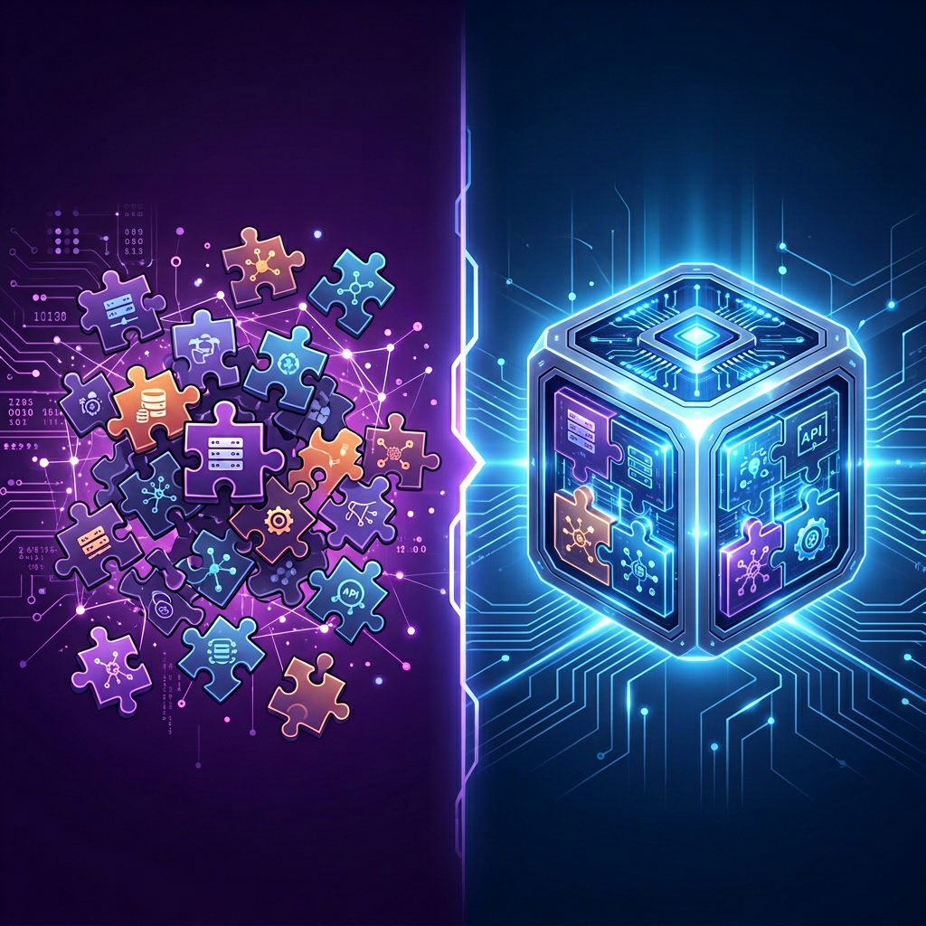 Split-screen comparison showing scattered puzzle pieces representing individual MCP servers versus a unified glowing cube representing a bundled capability runtime, against a dark purple-to-blue gradient