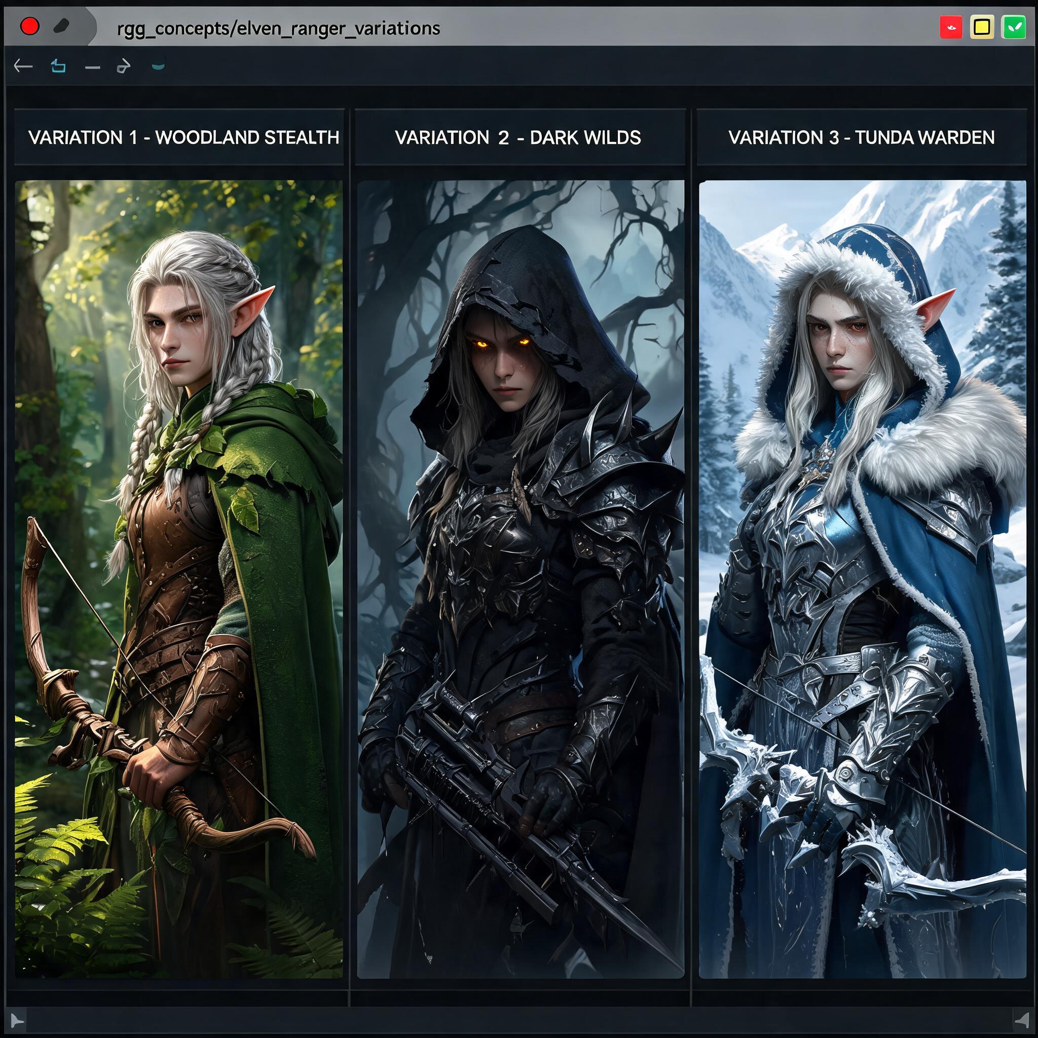 Fantasy RPG character concept art showing elven ranger variations with code editor border