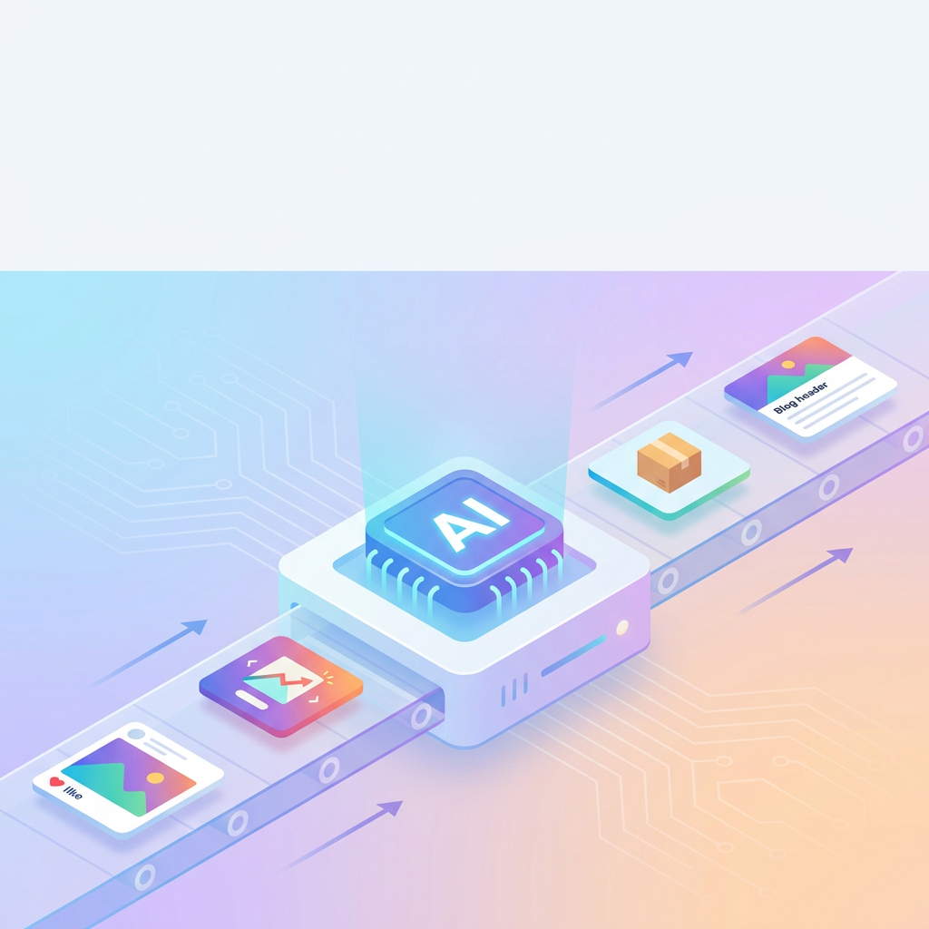 Automated marketing visual pipeline with AI-generated social posts, ad creatives, product photos, and blog headers flowing from a central AI core