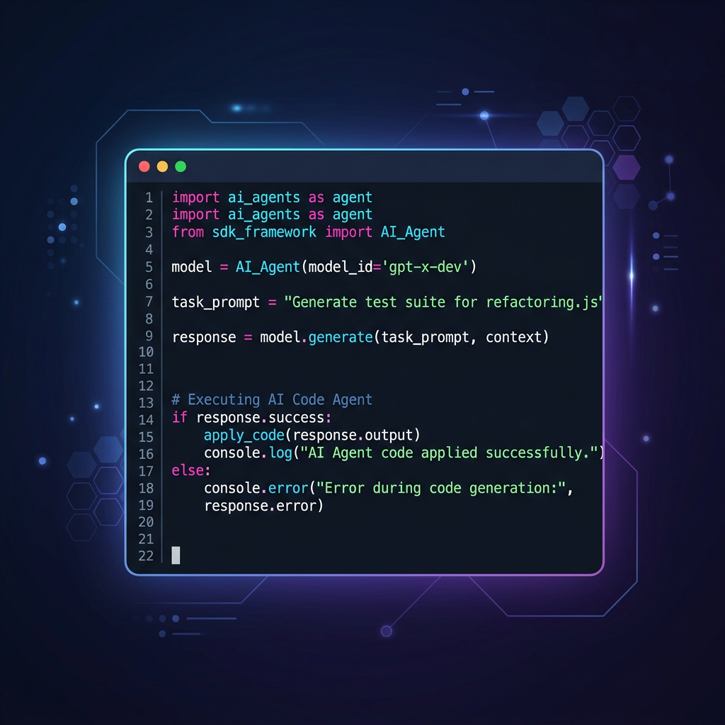 Code editor window with glowing AI agent SDK code against a dark navy and purple gradient background with circuit board patterns