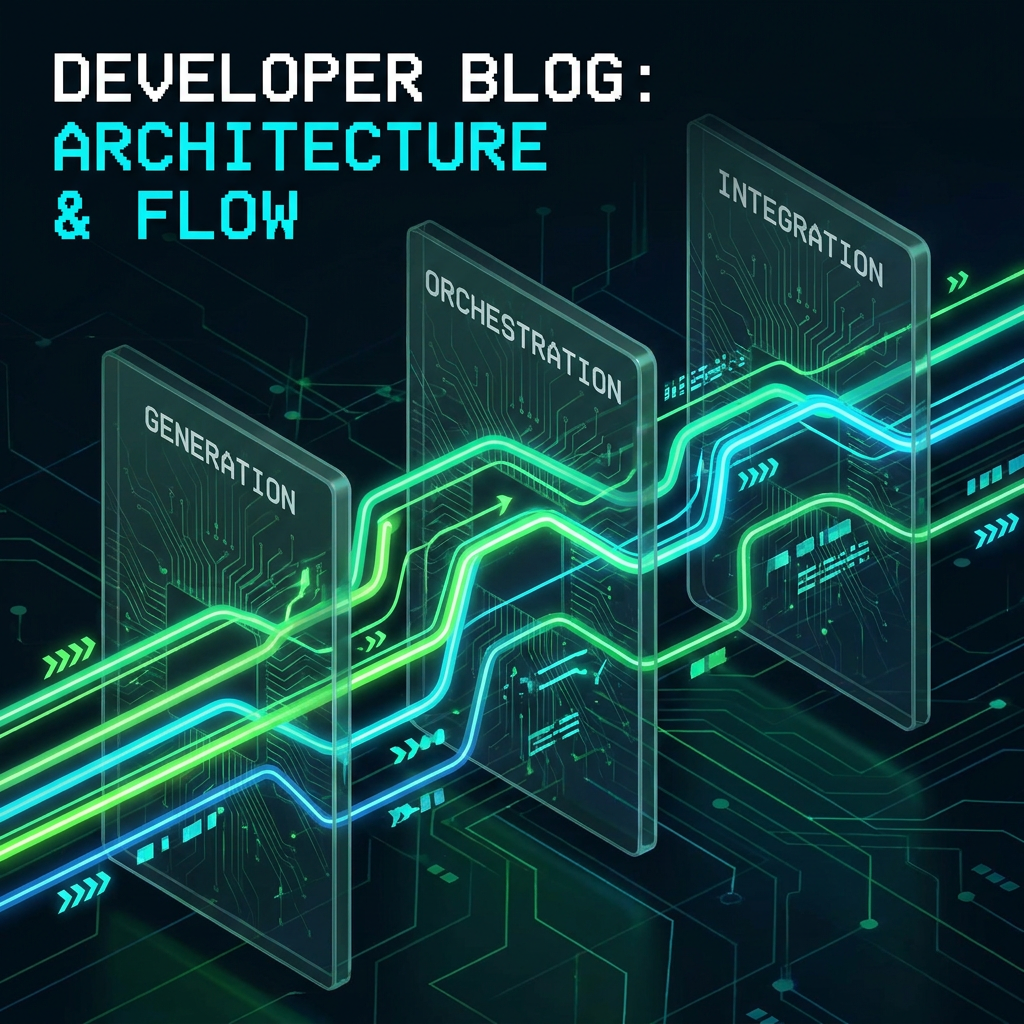 Programmatic image generation pipeline with Generation, Orchestration, and Integration layers connected by glowing data flow lines