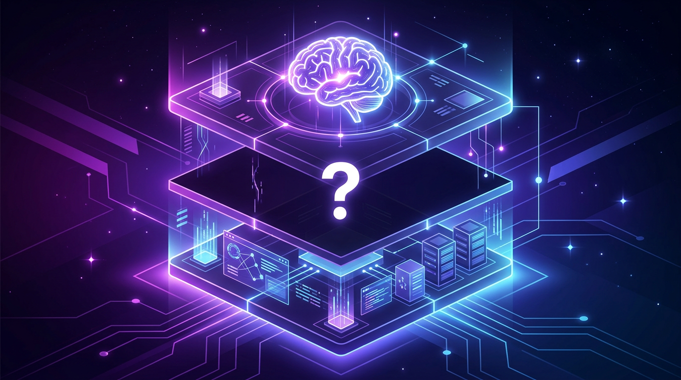 Futuristic architectural diagram showing AI agent infrastructure layers with a highlighted gap where the capability runtime sits — dark purple and blue gradient