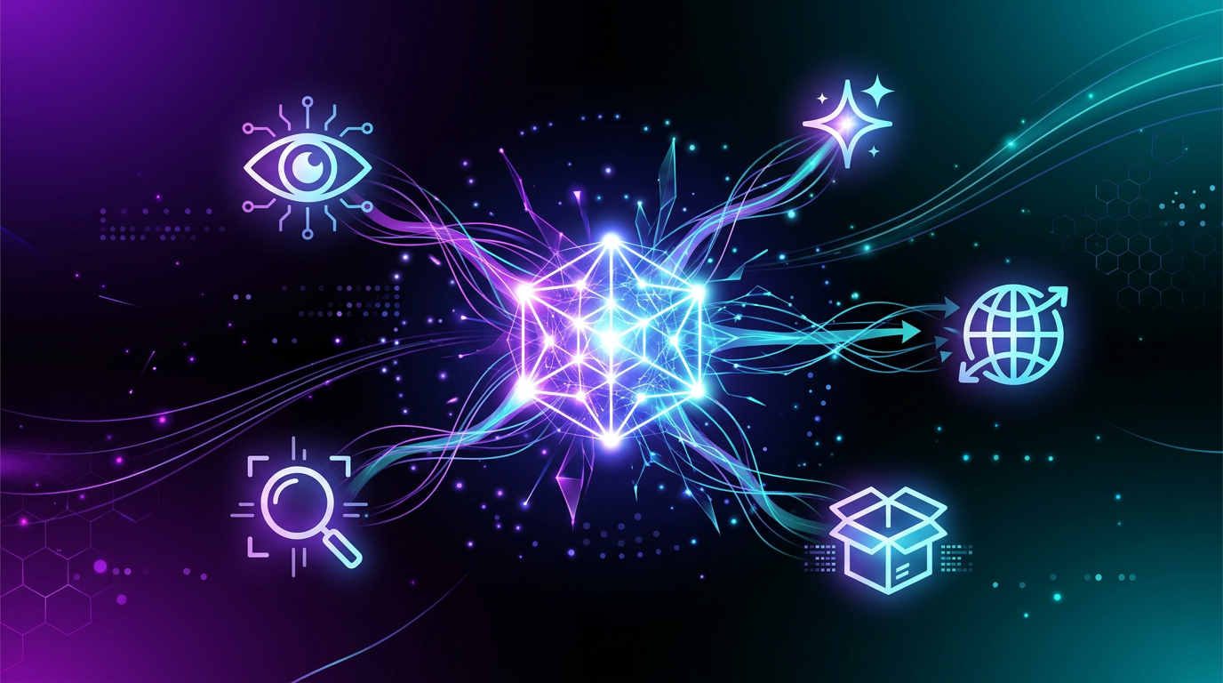 AI agent gaining new sensory capabilities with connecting tendrils to vision, creation, search, storage, and publishing icons against a dark purple and teal gradient background