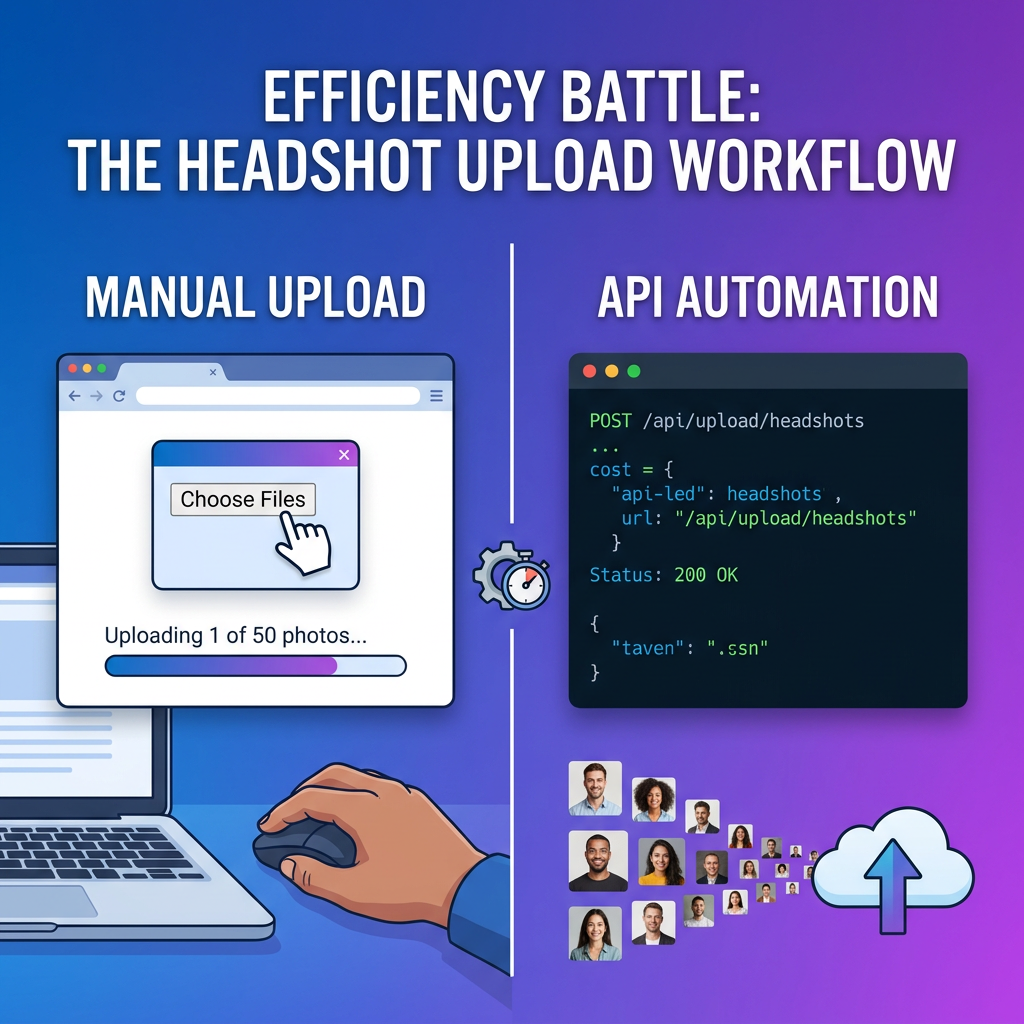 Old way vs new way: manual headshot upload in a browser compared to API-driven automation in a terminal