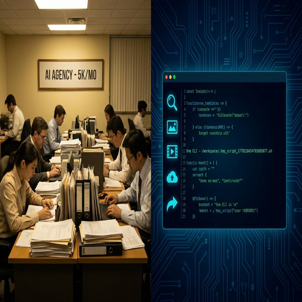 Split comparison: traditional AI automation agency office vs sleek terminal-based coding agent with capability icons