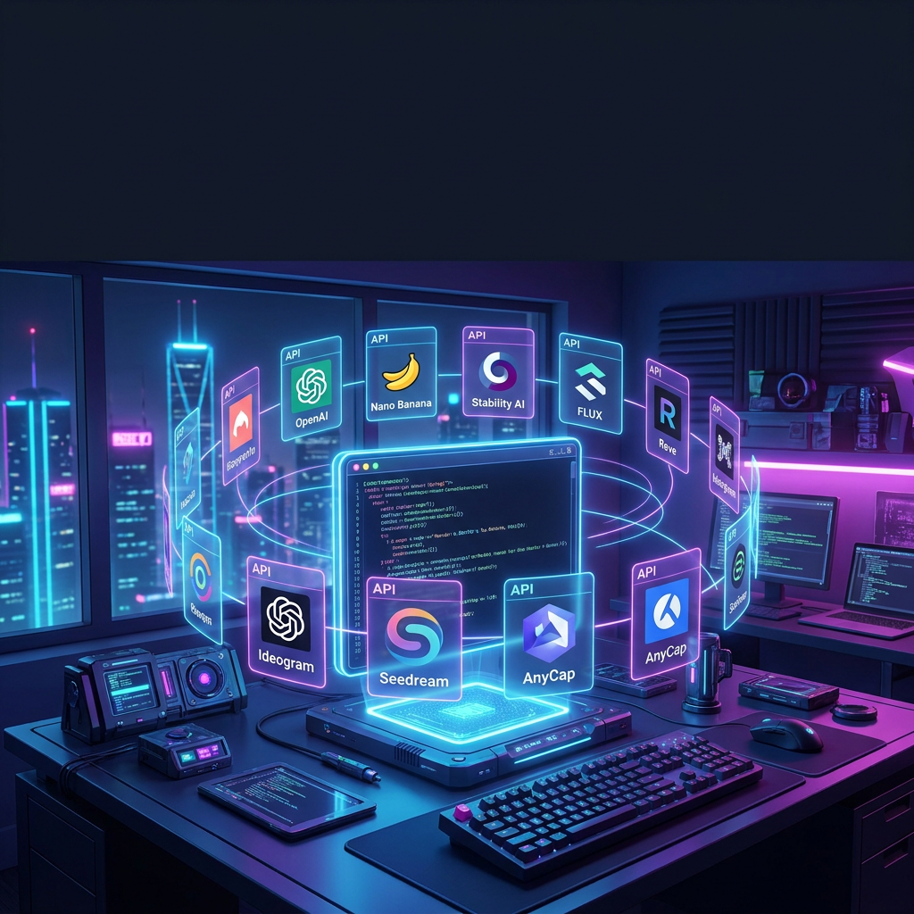 Hero illustration showing 8 AI image generator APIs as floating holographic cards around a glowing terminal, dark cyberpunk theme