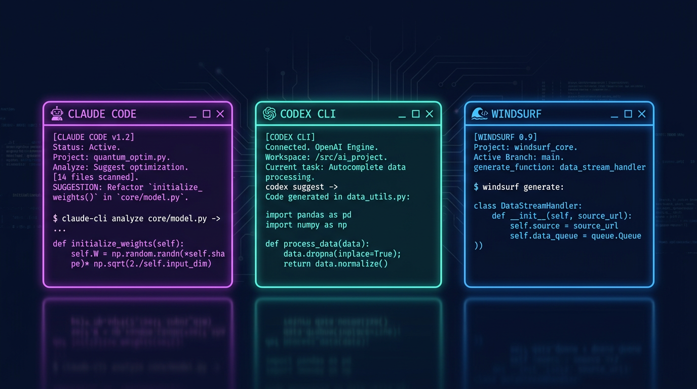 Three glowing terminal windows representing Claude Code (purple), Codex CLI (teal), and Windsurf (blue) side by side against a dark tech background