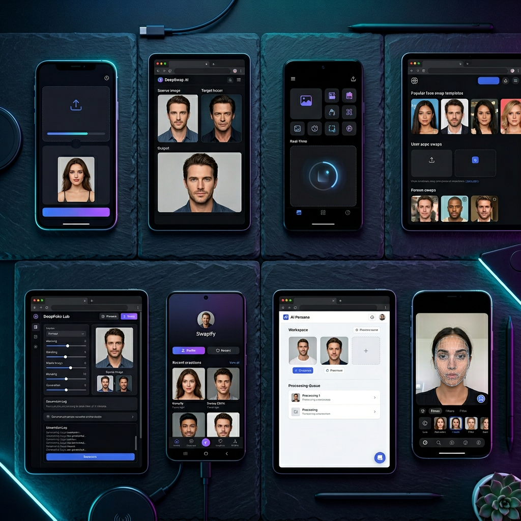 Grid of 8 glowing AI face swap app interfaces on a dark slate surface with neon accents