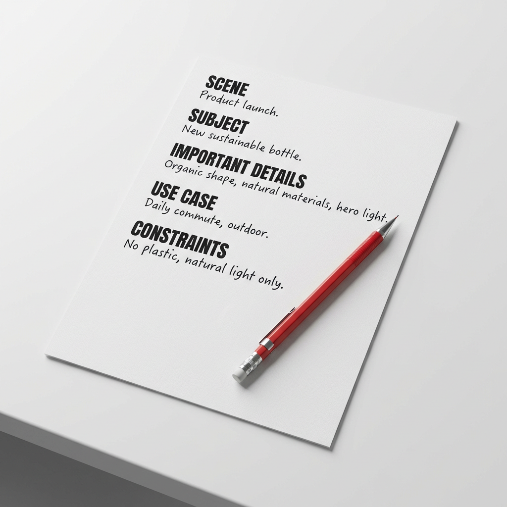A structured five-slot creative brief document on a white desk with a red mechanical pencil — the prompt architecture that powers gpt-image-2 results
