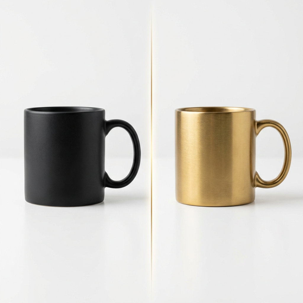 Before-and-after product photography: matte black mug on the left, brushed gold mug on the right, divided by a glowing AI line