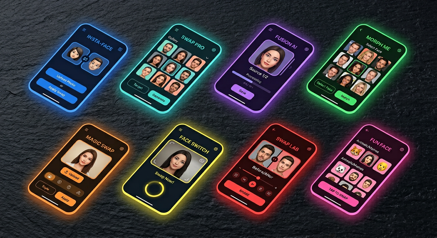Comparison grid of AI face swap tool interfaces with different color accents