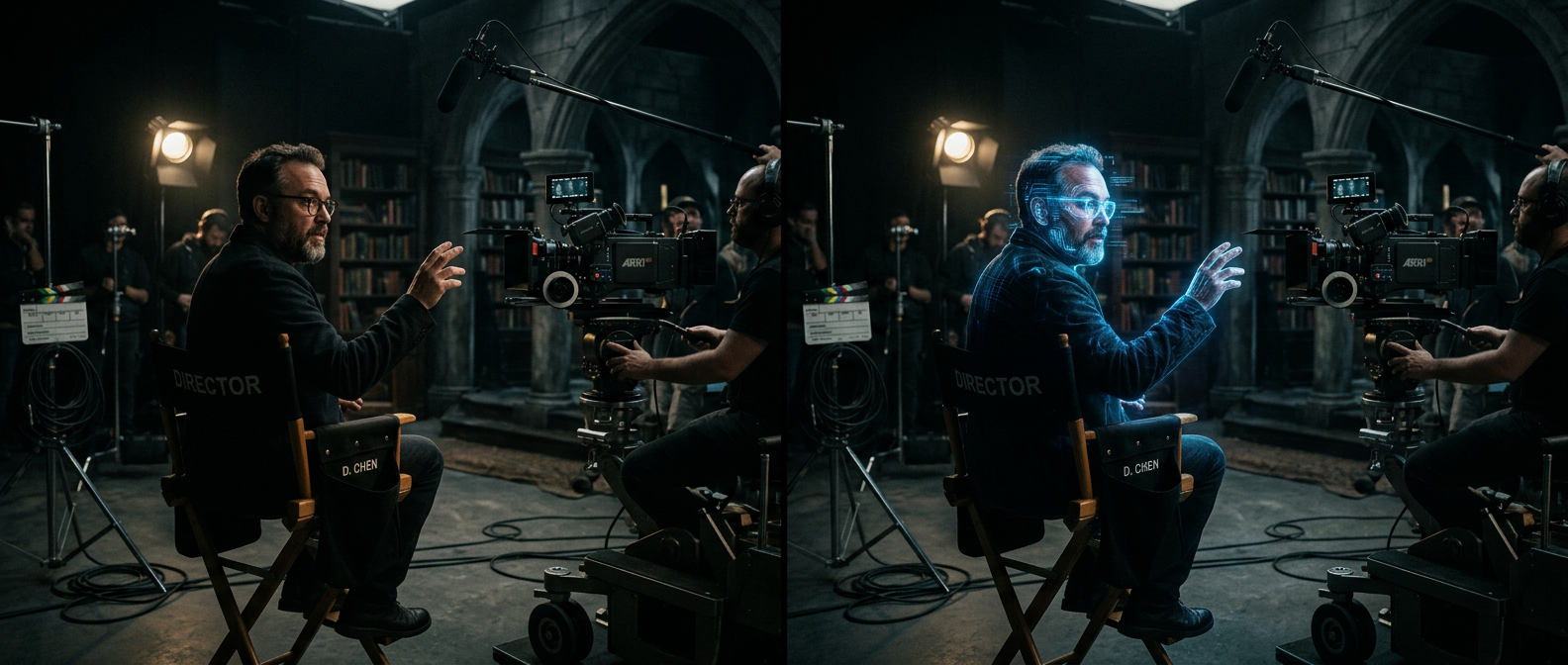 AI face swap cinematic split-screen: film set on the left, digitally swapped face with AI scan lines on the right