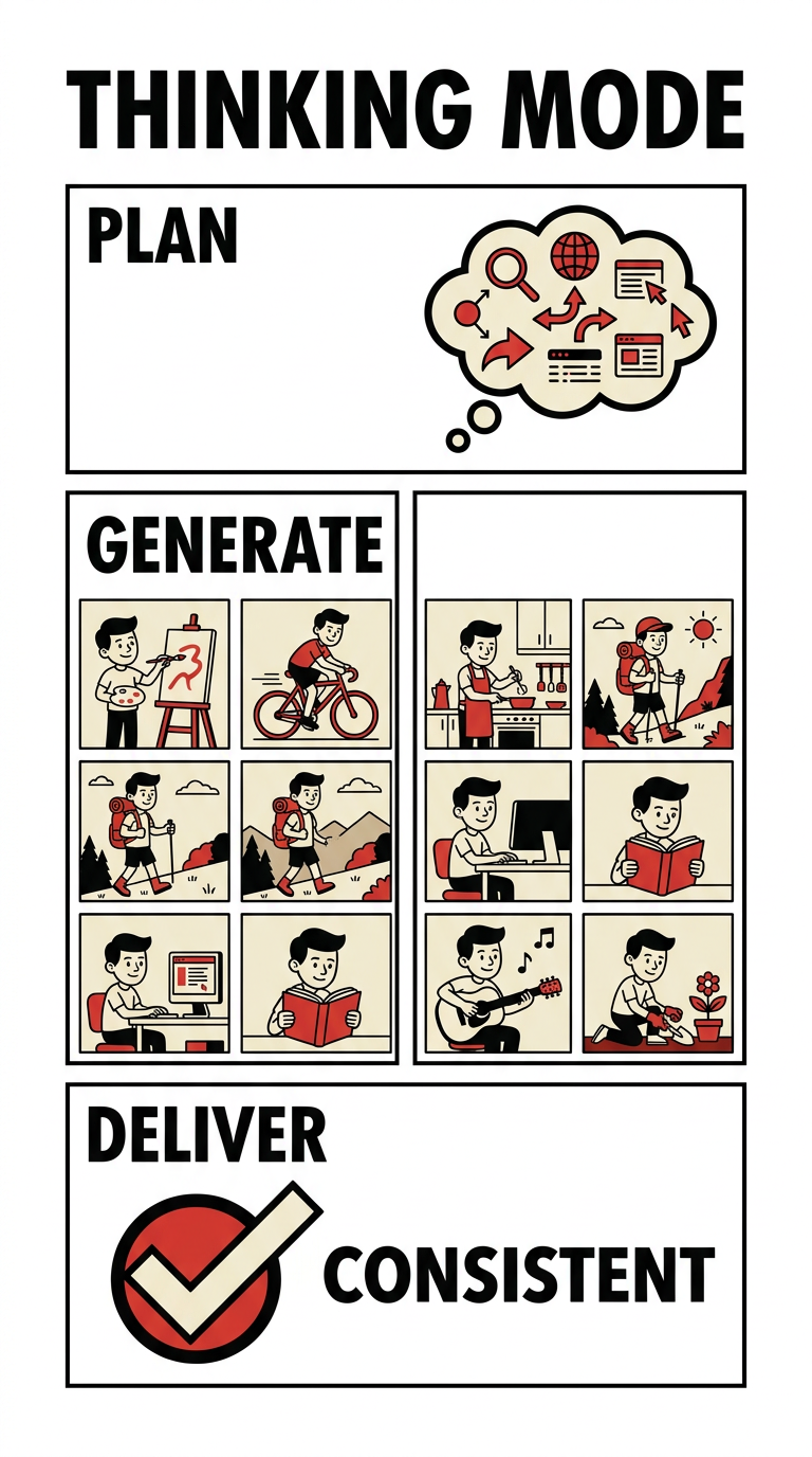 Bauhaus-style infographic showing gpt-image-2 Thinking Mode workflow: Plan, Generate 8 coherent images, Deliver with consistency